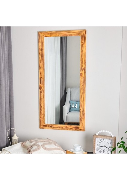 Doğal Ahşap Dikdörtgen Dekoratif Duvar Salon Ofis Boy Aynası 130X60 cm