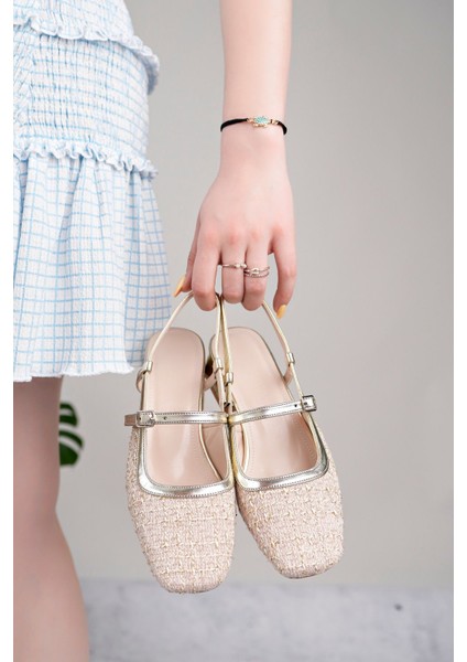 Kadın Mary Jane Gold Altın Rengi Arkası Açık Kare Burunlu Baretli Kısa Blok Topuklu Tüvit Ayakkabı