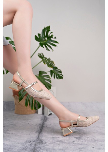 Kadın Mary Jane Gold Altın Rengi Arkası Açık Kare Burunlu Baretli Kısa Blok Topuklu Tüvit Ayakkabı fiyatları