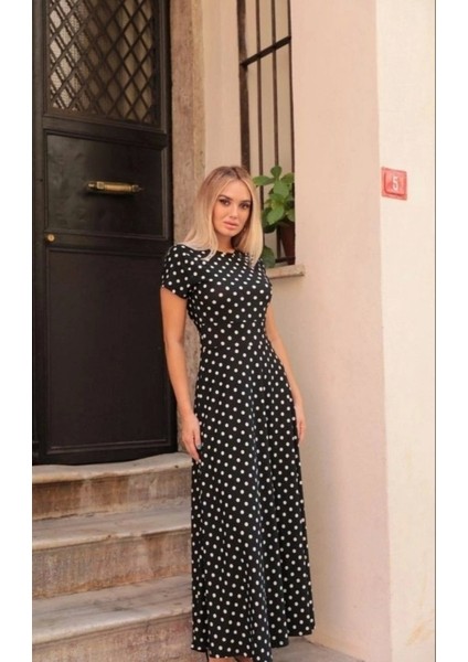 Kadın Kısa Kollu Bisiklet Yaka Puantiyeli Maksi Örme Krep Elbise indirimleri