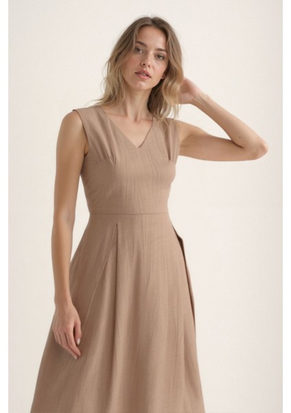 V Yaka Kuşaklı Krinkıl Kumaş Midi Elbise fırsatları