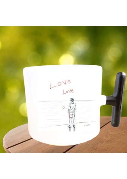 Love Love Karakalem Tasarım Baskılı Porselen Siyah T Kulplu Kupalar Bardak