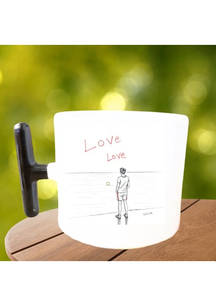 Love Love Karakalem Tasarım Baskılı Porselen Siyah T Kulplu Kupalar Bardak fiyatları