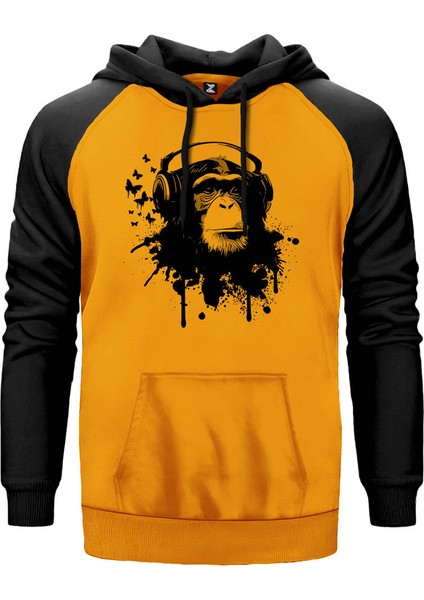 Maymun ve Müzik Sarı Renk Reglan Kol Kapşonlu Sweatshirt