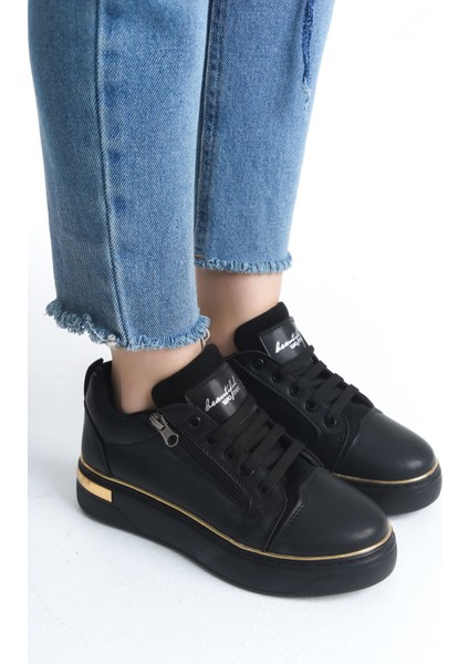 Dına Bağcıklı Fermuarlı Ortopedik Taban Kadın Sneaker Spor Ayakkabı St - Siyah/altın