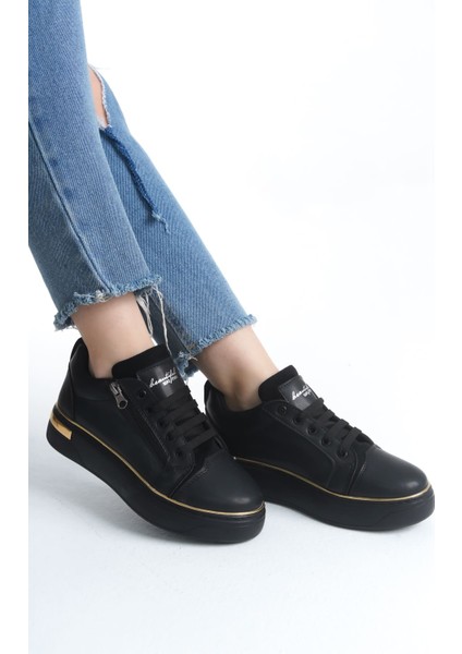 Dına Bağcıklı Fermuarlı Ortopedik Taban Kadın Sneaker Spor Ayakkabı St - Siyah/altın fiyatları