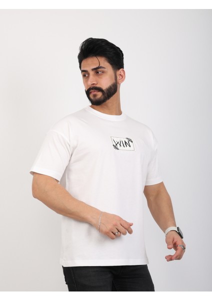 Erkek Bisiklet Yaka Baskılı Oversize Tişört