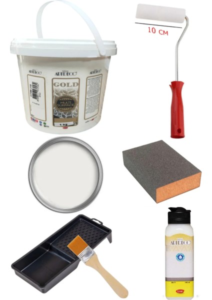 Artdeco Multi Surface Akrilik Boya 1 kg Beyaz Rulo ve Fırça Tavası Su Bazlı Saten Vernik 140 ml Set