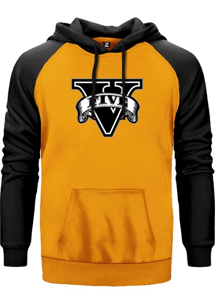 Gta Five Black Logo Sarı Renk Reglan Kol Kapşonlu Sweatshirt