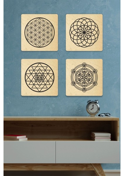 Kutsal Geometri Seti (Yaşam Çiçeği, Sri Yantra, Metatron, Torus) Uv Baskı Tablo