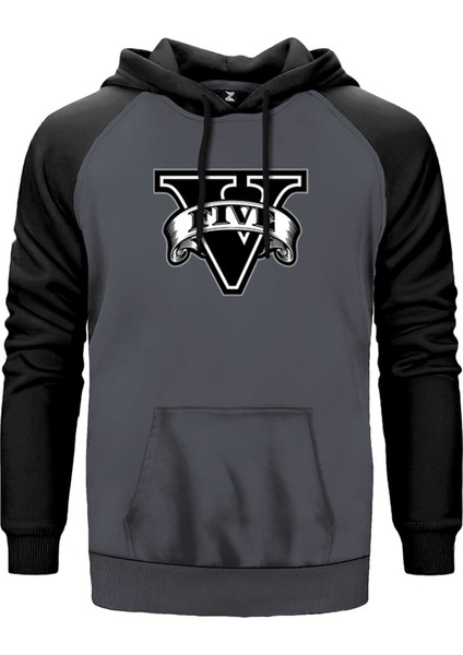 Gta Five Black Logo Gri Renk Reglan Kol Kapşonlu Sweatshirt