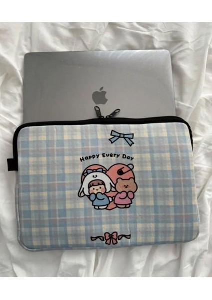 Kawaii Ekose Ribbon Notebook Laptop Tablet Kılıfı Evrak Seyahat Düzenleyici Çok Amaçlı Çanta Hediye