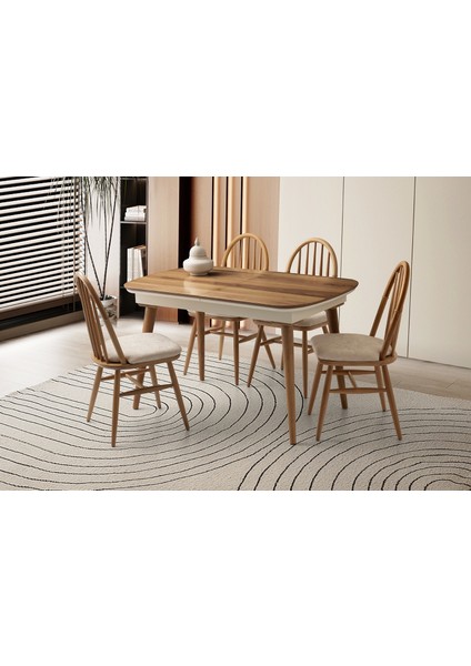 Çınar Ahşap Salon Yemek Masa Sandalye Takımı 4 Diva Sandalyeli Ortadan Açılır Büyüyen Ceviz