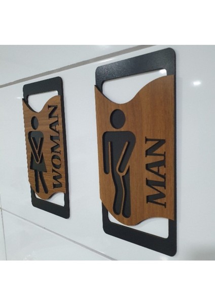3D Lazer Kesim Ahşap Wc Tuvalet Tabelası Erkek Kadın Yönlendirme Levhası 12X25 cm