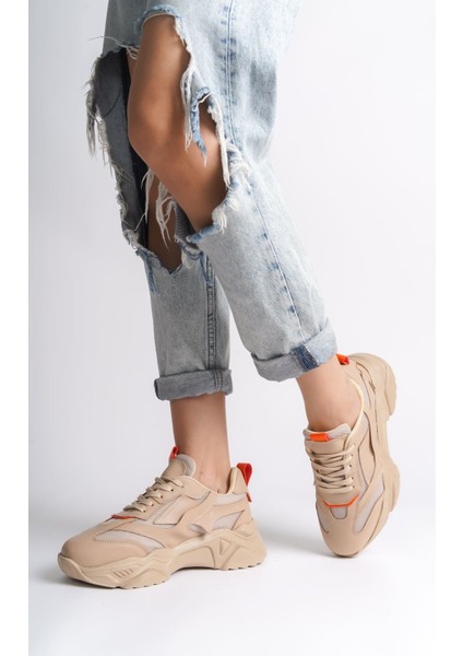 Tokyo Bağcıklı Ortopedik Taban Triko Detaylı Kadın Spor Ayakkabı Tt - Ten/turuncu fiyatları