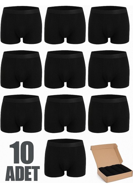 SİYAH Erkek Boxer Likralı Pamuk 10 Lu Paket
