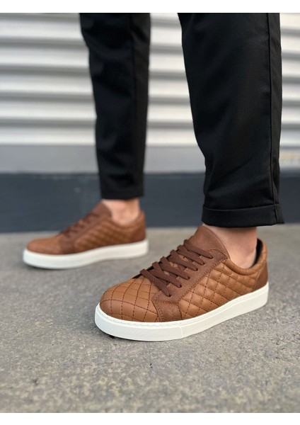JY166 Prestige Bağcıklı Cilt Kapitone Desenli Erkek Günlük Sneaker Ayakkabı Cbt - Taba