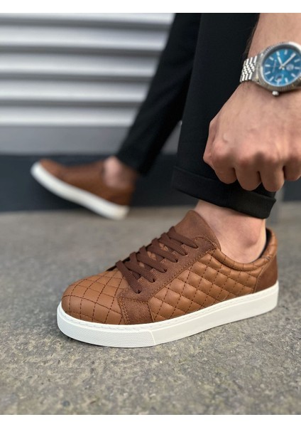 JY166 Prestige Bağcıklı Cilt Kapitone Desenli Erkek Günlük Sneaker Ayakkabı Cbt - Taba