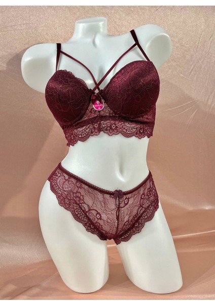 Kadın Dantelli Destekli Bralet Mürdüm Sütyen Takım