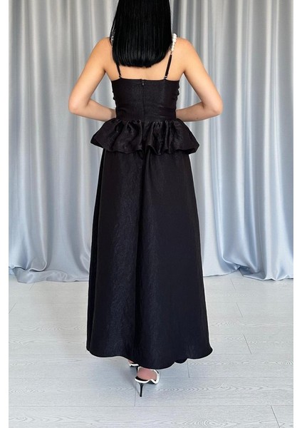 Siyah Beli Büzgülü Inci Askılı Uzun Elbise fırsatları