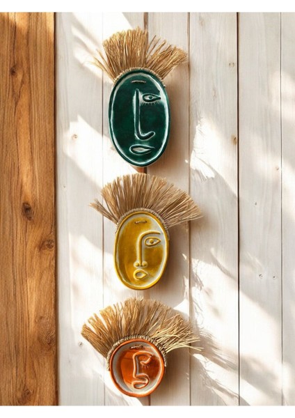 Soyut Yüz 3lü Beton Duvar Süsü, Doğal Rafya, Karma