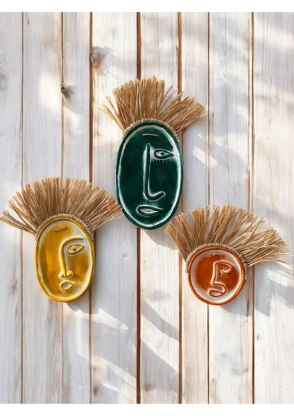 Soyut Yüz 3lü Beton Duvar Süsü, Doğal Rafya, Karma fırsatları