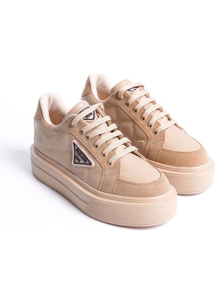 Prag Bağcıklı Ortopedik Taban Desenli Kadın Sneaker Spor Ayakkabı Tt - Ten