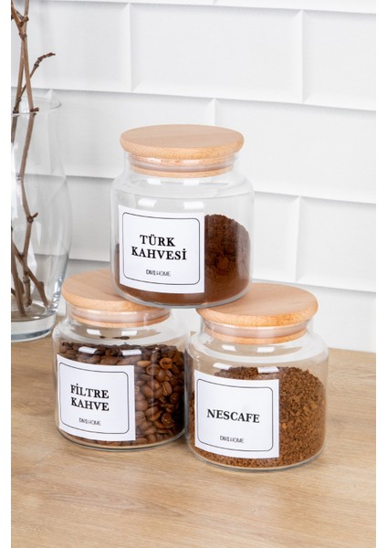 3'lü Ahşap Vakum Kapaklı Nescafe,türk Kahvesi,filtre Kahve Etiketli Cam Saklama Kabı Kavanoz 500 ml