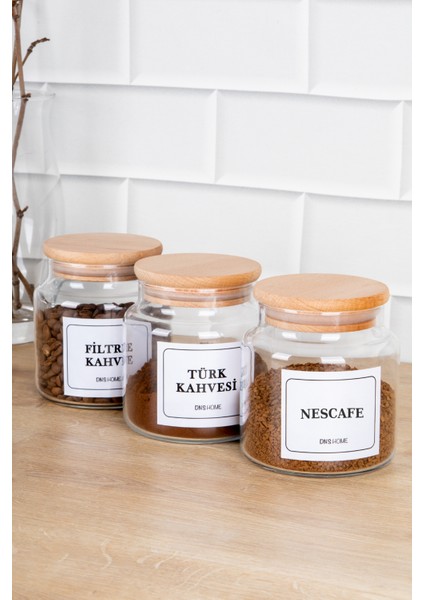 3'lü Ahşap Vakum Kapaklı Nescafe,türk Kahvesi,filtre Kahve Etiketli Cam Saklama Kabı Kavanoz 500 ml modelleri