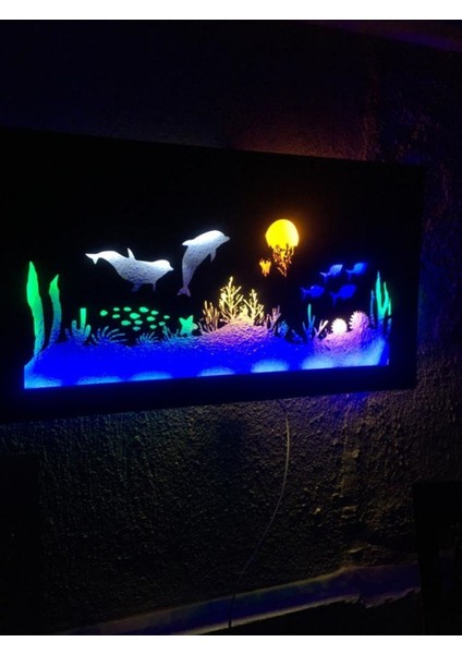 Su Altı Temalı LED Işıklı Ahşap Tablo 3mm 100X50CM