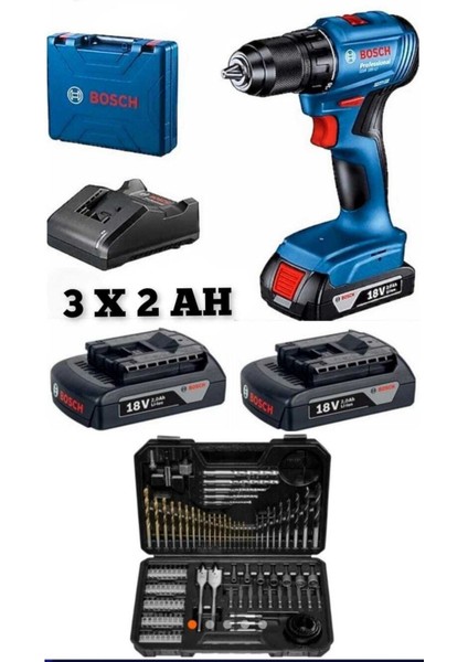 Professional Gsb 185-LI 3 x 2.0AH Üç Akülü Darbeli Matkap - 06019K3100 + Bosch V-Line Matkap & Vidalama Karışık Aksesuar Seti 103 Parça - 2607017367