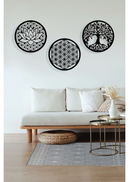 3lü Sriyantra Lotus Yaşam Ağacı Tablo Duvar Dekorasyonu Hediyelik Minimalsit Tablo
