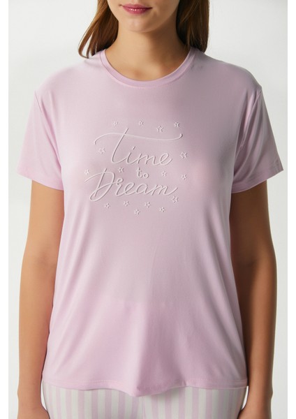 Kadın Time Yumuşak Doku Pembe Çizgili Bisiklet Yaka Kısa Kollu Alt Üst Pijama Takımı