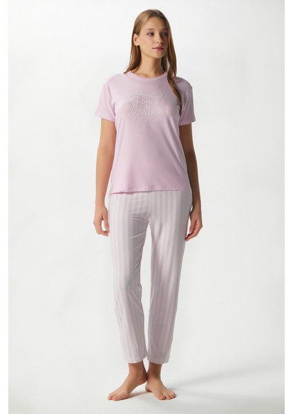 Kadın Time Yumuşak Doku Pembe Çizgili Bisiklet Yaka Kısa Kollu Alt Üst Pijama Takımı