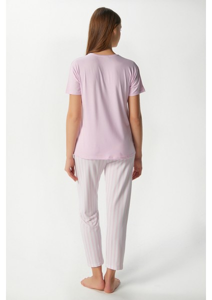 Kadın Time Yumuşak Doku Pembe Çizgili Bisiklet Yaka Kısa Kollu Alt Üst Pijama Takımı