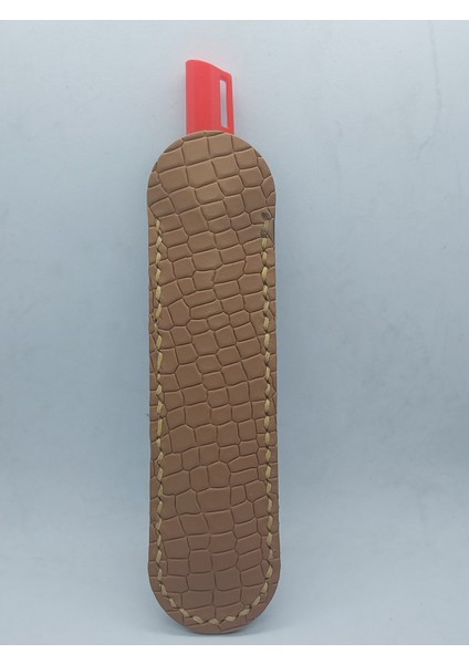 Hakiki Baskılı Vaketa Deri Açık Kahve Renkli Somon Rengi Kenar Dikişli El Yapımı Kalemlik