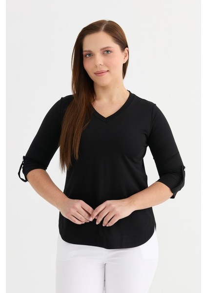 V Yaka Yanları Düğmeli Kolu Apoletli Penye Bluz