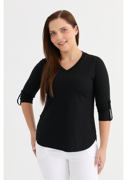 V Yaka Yanları Düğmeli Kolu Apoletli Penye Bluz fiyatları