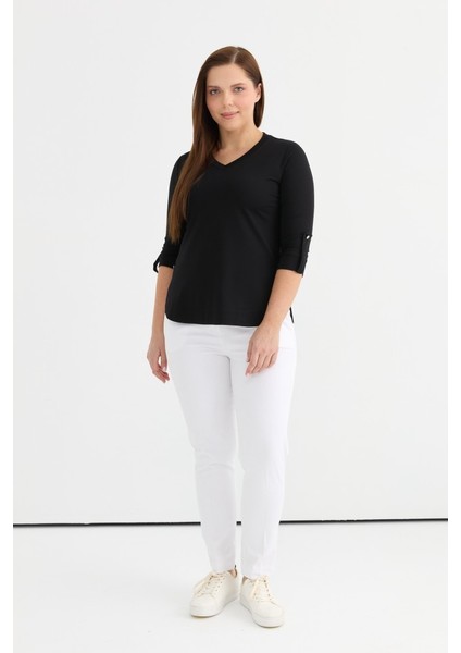 V Yaka Yanları Düğmeli Kolu Apoletli Penye Bluz modelleri