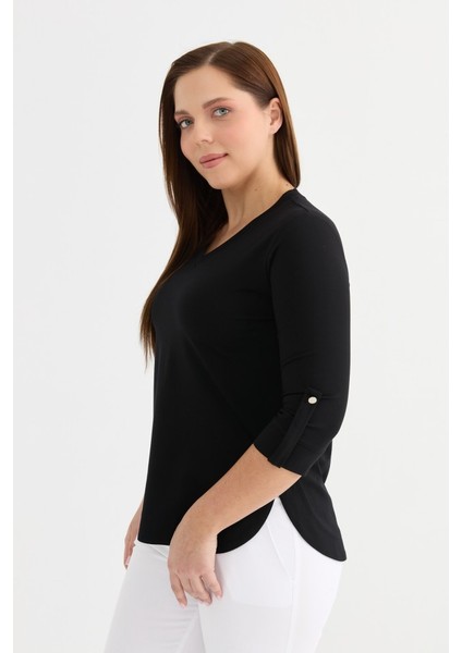 V Yaka Yanları Düğmeli Kolu Apoletli Penye Bluz indirimleri