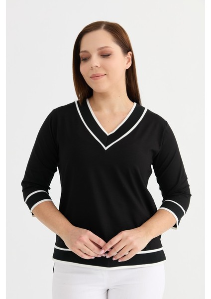 Büyük Beden Etek ve Kol Ucu Ribanalı Penye Bluz