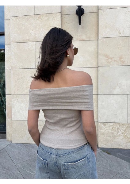 Madonna Yaka Taş Rengi/bej Düşük Kol Omuzları Açık Slim Fit Bluz modelleri