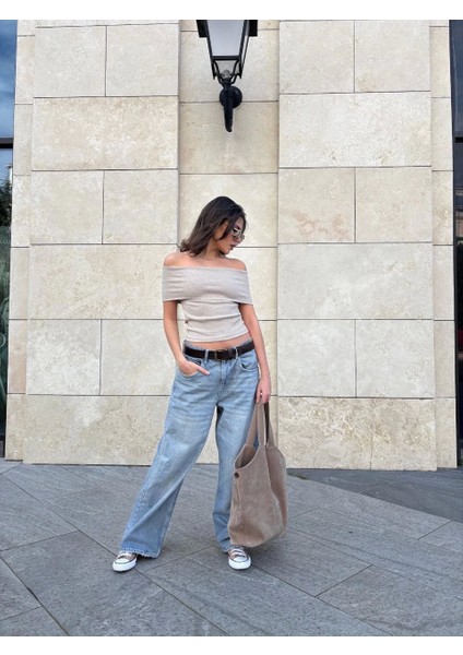 Madonna Yaka Taş Rengi/bej Düşük Kol Omuzları Açık Slim Fit Bluz fırsatları