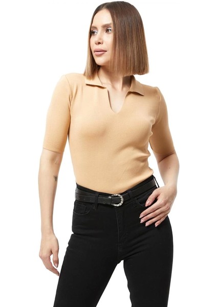 Gömlek V Yaka Yazlık Bej Kısa Kol Basic Tarz Triko Bluz modelleri