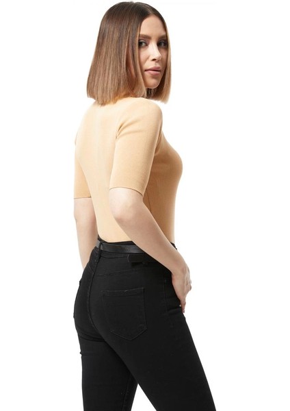 Gömlek V Yaka Yazlık Bej Kısa Kol Basic Tarz Triko Bluz fırsatları