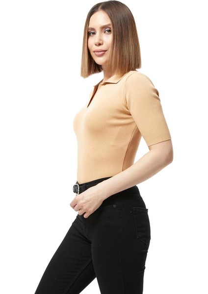 Gömlek V Yaka Yazlık Bej Kısa Kol Basic Tarz Triko Bluz indirimleri
