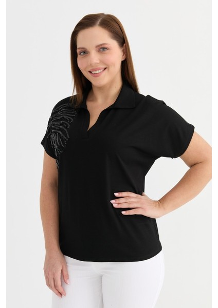 Büyük Beden Düşük Kol Omuzu Payetli Penye Bluz