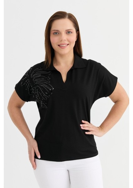 Büyük Beden Düşük Kol Omuzu Payetli Penye Bluz modelleri