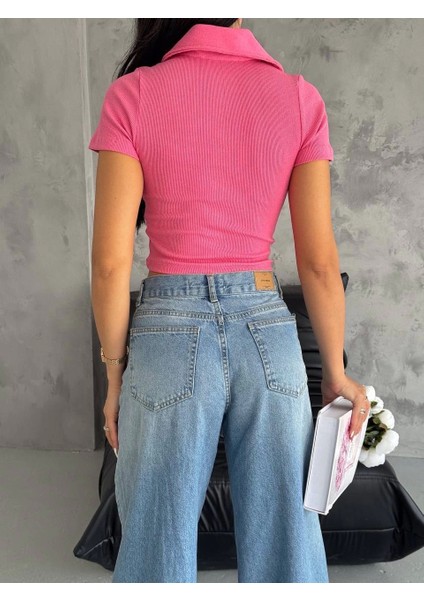 Kaşkorse V Yakası Fermuarlı Fuşya Slim Fit Kısa Kol Standart Boy Bluz/tişört indirimleri