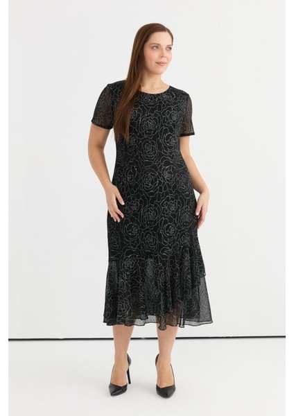 Büyük Beden Etek Ucu Volanlı Gül Desenli Elbise